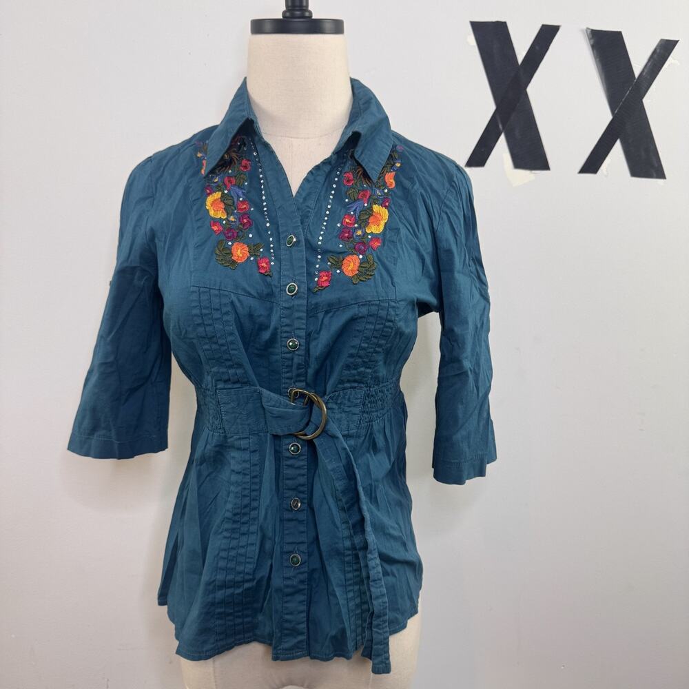 Vintage 90s Fitted Floral Embroidered Belted Button-Up Blouse Bohemian Top S